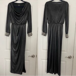 XSCAPE Metallic Sliver CowlNeck Beaded Wedding Guest Prom Evening Formal